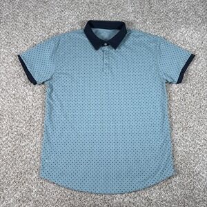 BYLT LUX Polo Shirt Mens XL Light Blue Polka Dot Navy Collar Short Sleeve